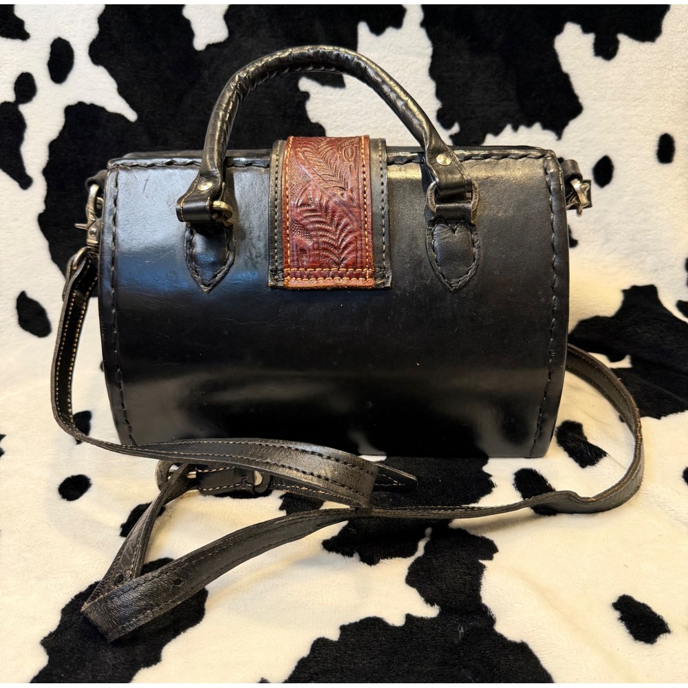 American West Tooled Leather Doctor Bag Western Crossbody Satchel Black Brown - Picture 6 of 9